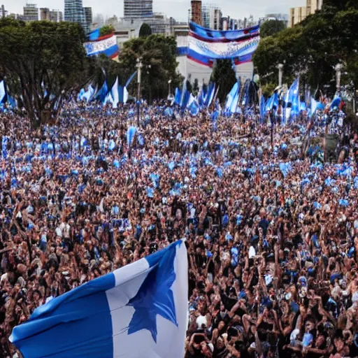 Image similar to Lady Gaga as president, Argentina presidential rally, Argentine flags behind, bokeh, giving a speech, detailed face, Argentina