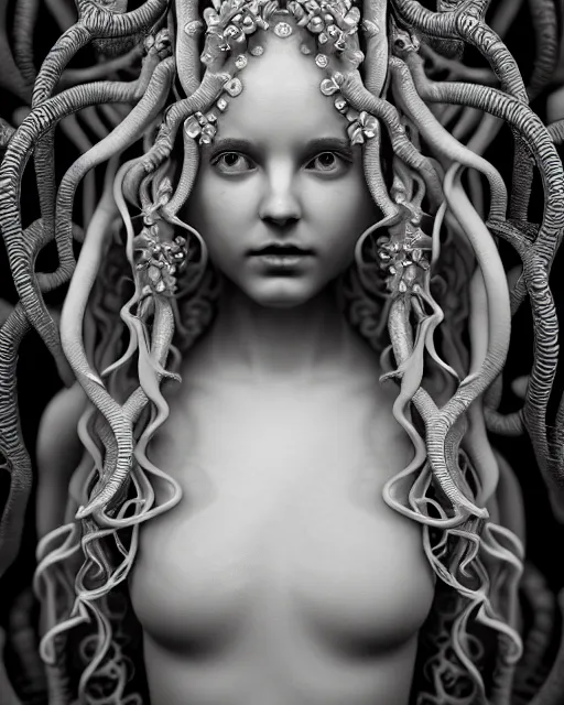 Prompt: mythical dreamy underwater artistic black and white 3 d render of a translucent beautiful young female angelic - medusa - vegetal - doll, highly detailed, intricate crystal ivy jelly ornate, poetic, translucent algae ornate, digital art, octane render, 8 k artistic photography, photo - realistic, hg giger flora borsi