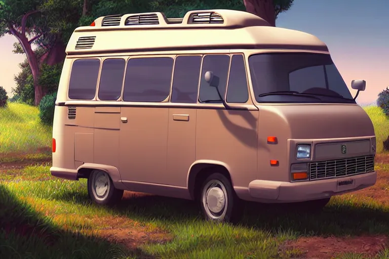 Prompt: a wholesome animation key shot of one!! focused 1 9 9 4 fiat hymer! motorhome! in the romanian! countryside, medium shot, studio ghibli, ( pixar ) and disney animation, sharp, very detailed, high resolution, rendered in unreal engine 5, anime key art by greg rutkowski, bloom, dramatic lighting