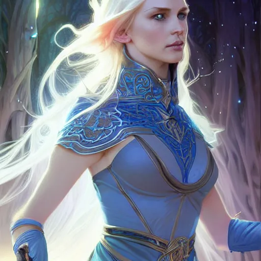 Prompt: half elf sorceress, D&D, blue eyes, blonde hair, fantasy, intricate, elegant, highly detailed, digital painting, artstation, concept art, smooth, sharp focus, illustration, art by artgerm and greg rutkowski and alphonse mucha