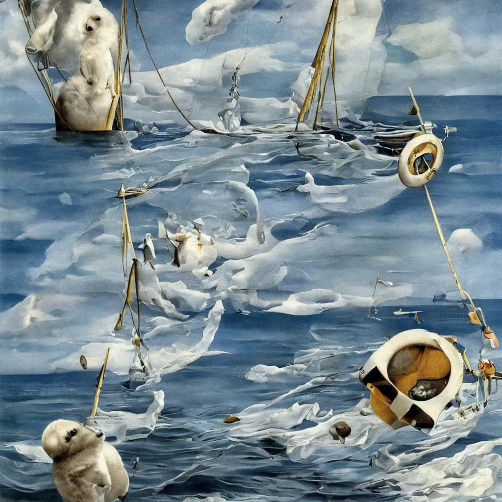 Image similar to baby harp seal sailing a trimaran, painting by salvador dali, surrealism