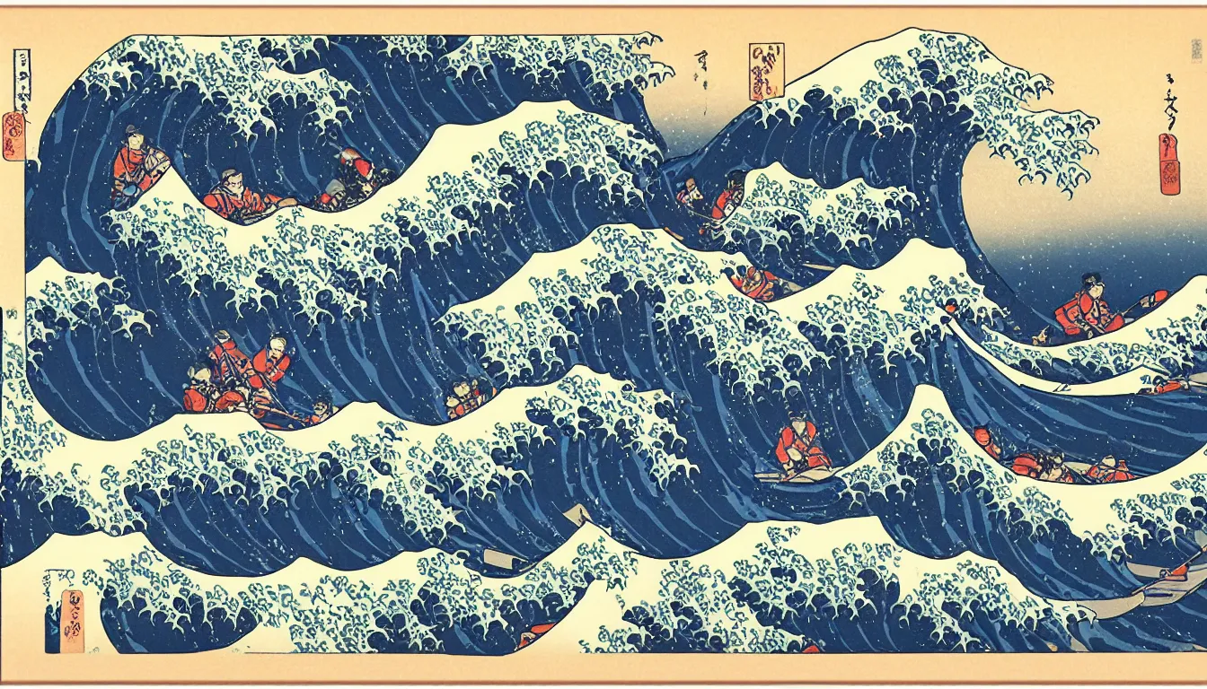 Prompt: river rafting over great wave by hokusai