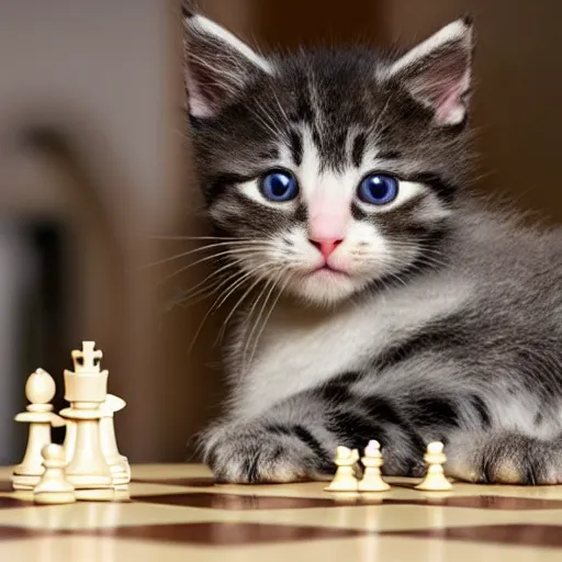 Image similar to a chess game where the pieces have been replaced by kittens