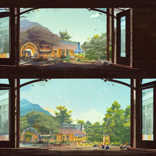 Image similar to concept art painting of a historic bakery with european and japanese architecture, window with baked goods, in a woodland village surrounded by trees and mountains, realistic, detailed, cel shaded, in the style of makoto shinkai and greg rutkowski and james gurney