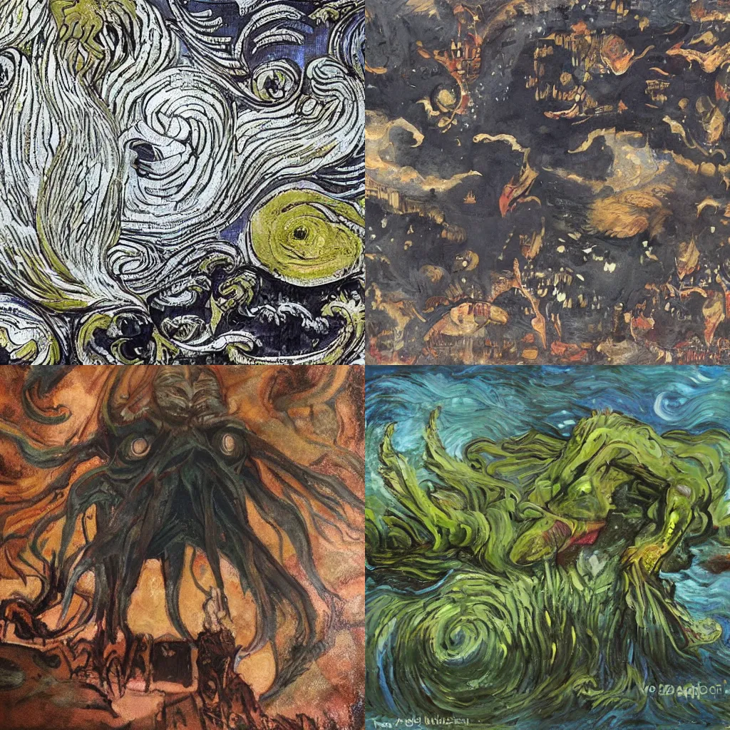 Prompt: Cthulhu coming from the night sky of a city by Van Gogh, dark lighting