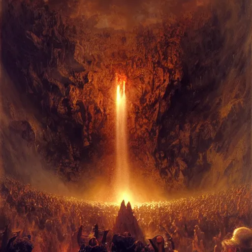 Image similar to alvah angelrune water portal to hell located in heaven, crowd of people, rule of thirds, 4 k, dark bright effect, highly detailed painting by gaston bussiere, craig mullins, j. c. leyendecker