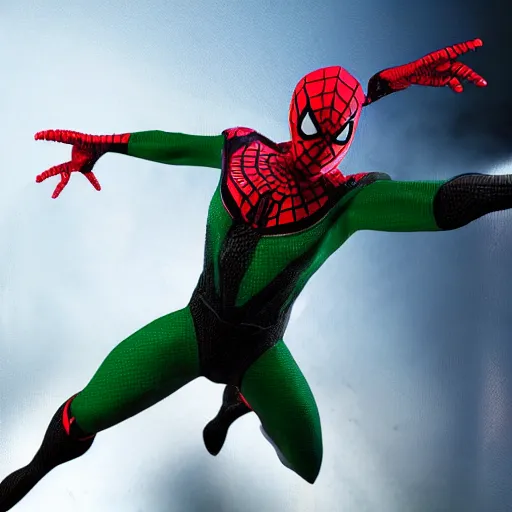 Prompt: black spider - man suit with green web lining, cinematic, volumetric lighting, realistic, hyperdetailed, photorealistic, photograph