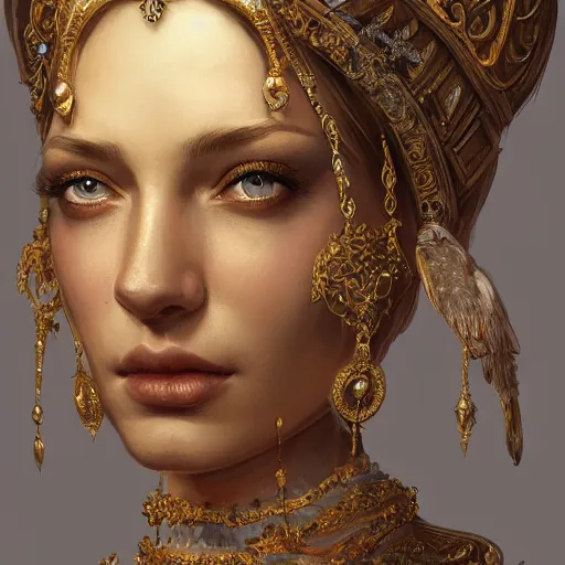 Prompt: highly detailed portrait of an elegant goddess, ornate crown, beautiful symmetrical face, digital painting, artstation, concept art, smooth, clear focus, illustration, greg rutkowski, artgerm, global lighting, detailed and fantasy