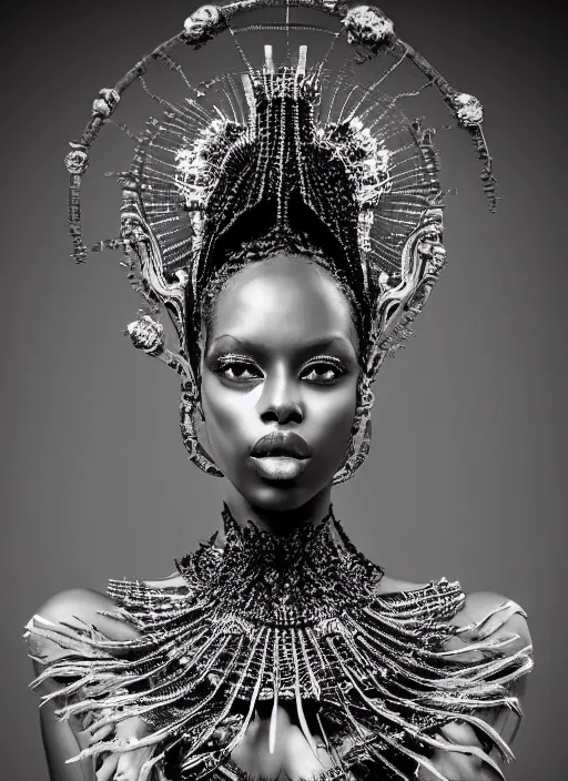 Prompt: portrait of beautiful female super black model, perfect symmetrical pose, sharp, by irakli nadar with intricate detailed wearing silver victorian dress designed by alexander mcqueen and rocky gathercole, beautiful smooth skin tone, haunting, elite, elegant, ruan jia, dark, hyper detailed, concept art, intricate, detailed