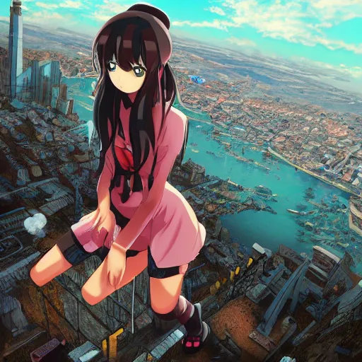 Prompt: anime neko - girl looking from the edge of the cliff on the giant city below, midnight, trending on artstation, highly detailed, satoshi kon artstyle