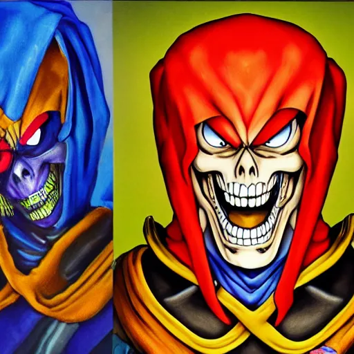 Image similar to ultra realistic portrait painting of skeletor as a jester, art by akira toriyama, 4 k, dragon ball artstyle, cel shaded, highly detailed, epic lighting