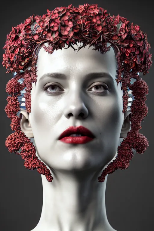 Prompt: complex 3 d render, hyper detailed ultrasharp biomechanical mandelbrot fractal filigree female cyborg portrait with a beautiful porcelain profile face, crown with big hydrangea foliage leaves stems roots, red lips, h. r. giger alexander mcqueen haute couture, art nouveau fashion, octane render, 8 k