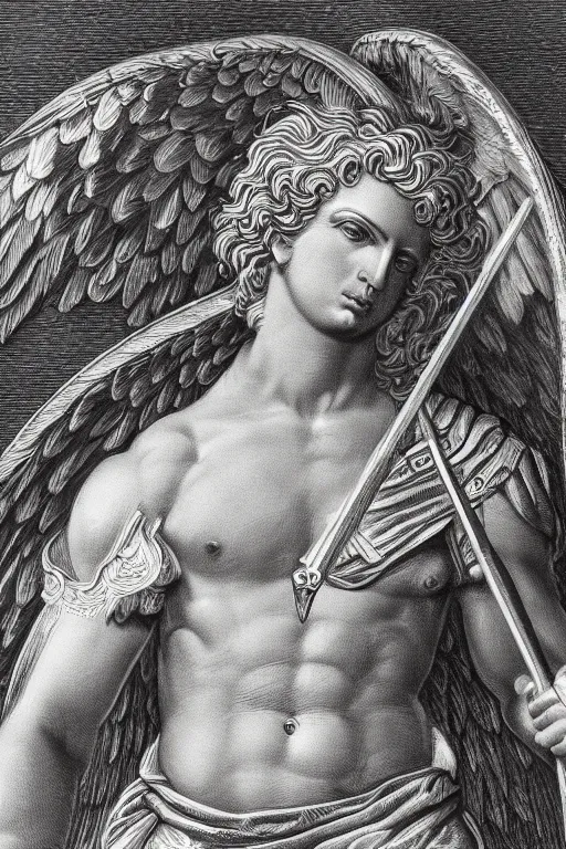 Prompt: A copper engraving of archangel michael, fierce, elegant, HD, 4k, 8k, incredibly detailed, intricate, masterpiece,