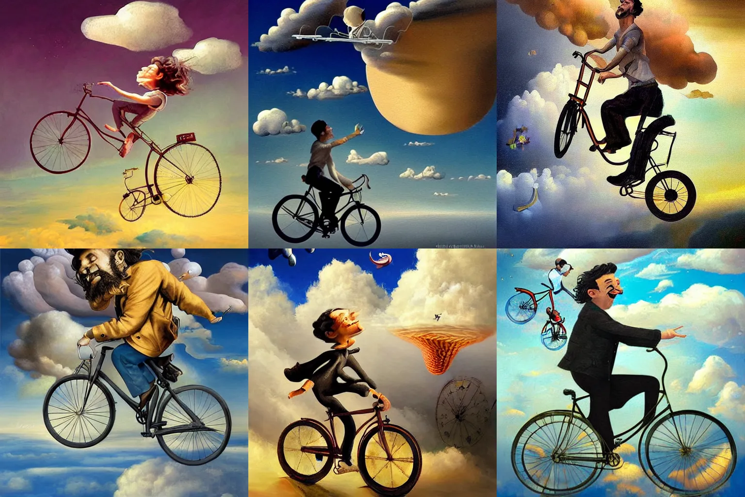 Prompt: A whimsical painting of a happy man flying in the sky on his bicycle in the clouds, digital art by Salvador Dali and Ross Tran