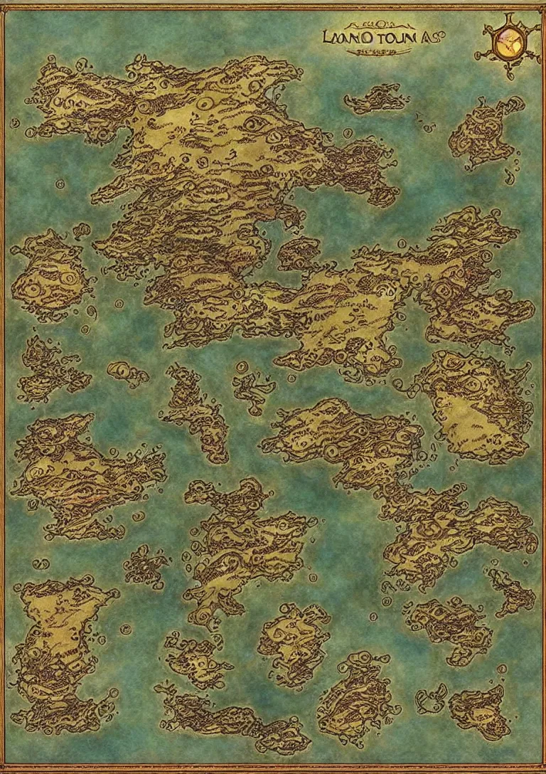 Image similar to simple fantasy map, the land of Odrua, several continents, world of Lute, by JRR Tolkien and Brian Froud, Vatican Map Room, fantasy concept painting, Magic The Gathering Art, trending on art station, showing kingdoms, oceans, continents, vast seas, open plains, swamps frame border