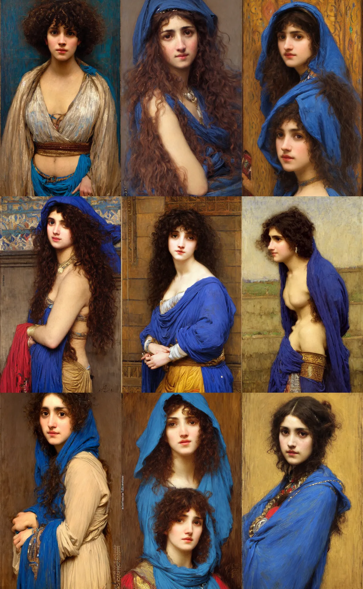 Prompt: portrait en buste bangs curly hair brown-skinned woman wearing a blue hood orientalist portrait by john william waterhouse and Edwin Longsden Long and Theodore Ralli and Nasreddine Dinet, oil on canvas. Cinematic, hyper realism, dramatic lighting, high detail 8k