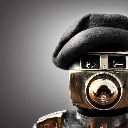 Image similar to portrait of robot with a moustache wearing french beret, beautiful lighting, sharp, details, hyper-detailed, HD, HDR, 4K, 8K