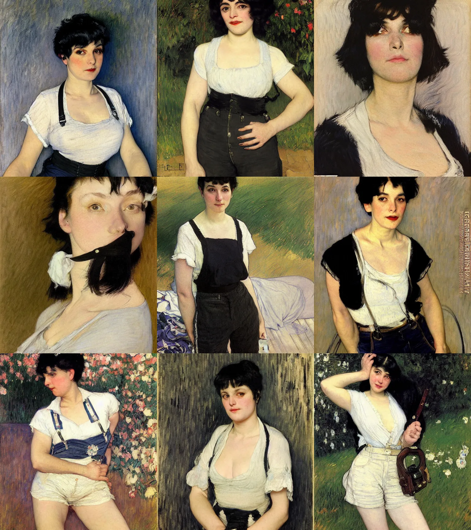 Prompt: a woman with black hair and long pixie haircut in shorts with suspenders and white t-shirt drawn by george bellows, gustave caillebotte, Alexandre Cabanel, norman rockwell, alphonso azpiri, maler collier, peter paul rubens, alphonse mucha, gustav klimt 4k, unreal 5, DAZ, french noveau, trending on artstation, octane render, hyperrealistic