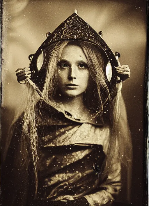 Image similar to old wetplate daguerreotype portrait of the birth of queen elisabeth cyborg, explosion of data fragments, fractal, intricate, elegant, highly detailed, parallax, leica, medium format, subsurface scattering, by jheronimus bosch and greg rutkowski and louis jacques mande daguerre