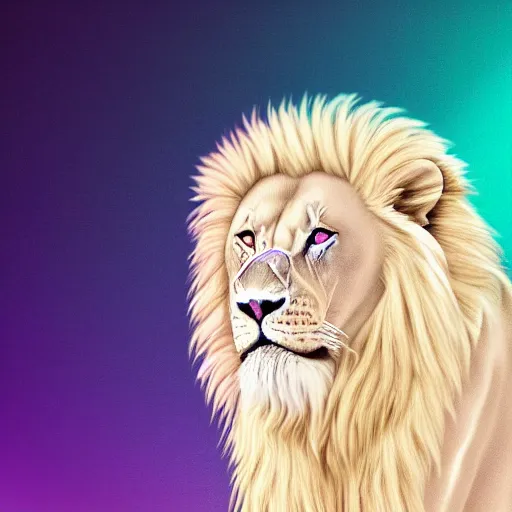 Prompt: vaporwave white lion close up with dynamic lighting and pastel pool background