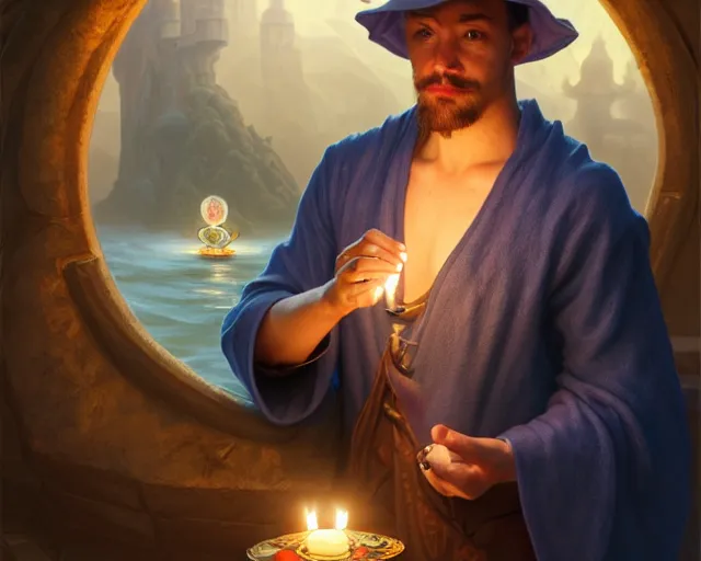 Image similar to a mind - blowing portrait of a fortune seeker male, holding a candle holder, wearing a silly hat, aquatic clothing, intelligent, deep focus, d & d, fantasy, intricate, elegant, highly detailed, digital painting, artstation, concept art, matte, sharp, illustration, hearthstone, art by artgerm and greg rutkowski and alphonse mucha