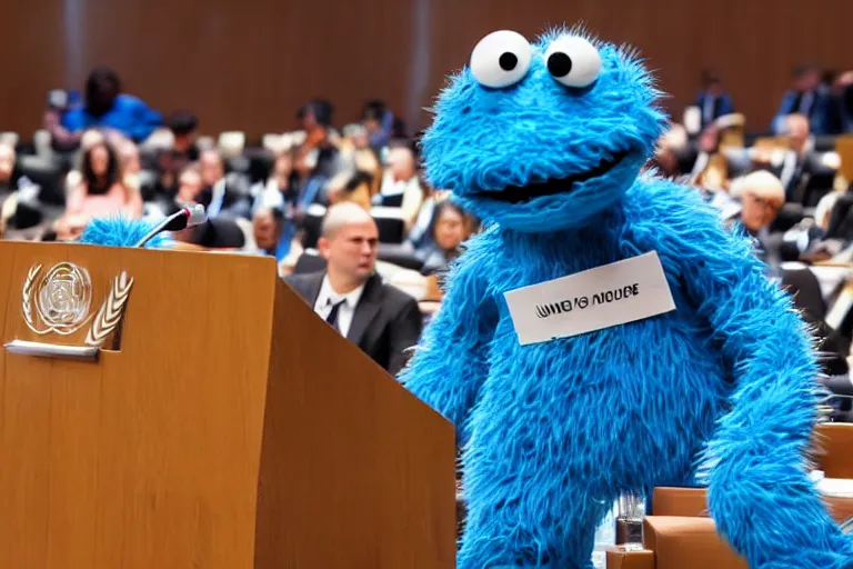 Prompt: Cookie Monster gives a talk at the UN, stood at the podium