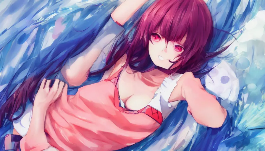 Prompt: cute anime character lying down, colorful outfit, realistic face, detailed face, detailed eyes, short miniskirt, lightly dressed, ultra detailed digital art, hyper real, detailed, ultra detailed, ground up angle, full body shot, wide angle