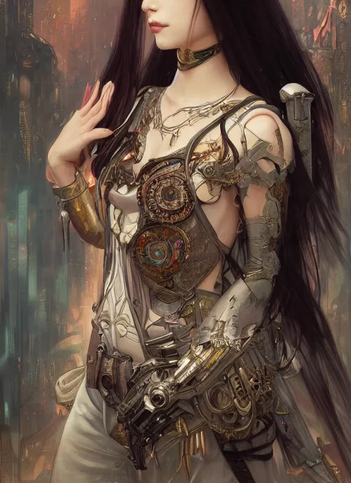 Image similar to portrait of beautiful pale gothic asian maiden, warhammer 40000, cyberpunk, intricate, elegant, highly detailed, digital painting, artstation, concept art, smooth, sharp focus, illustration, art by artgerm and greg rutkowski and alphonse mucha and Gustav Klimt