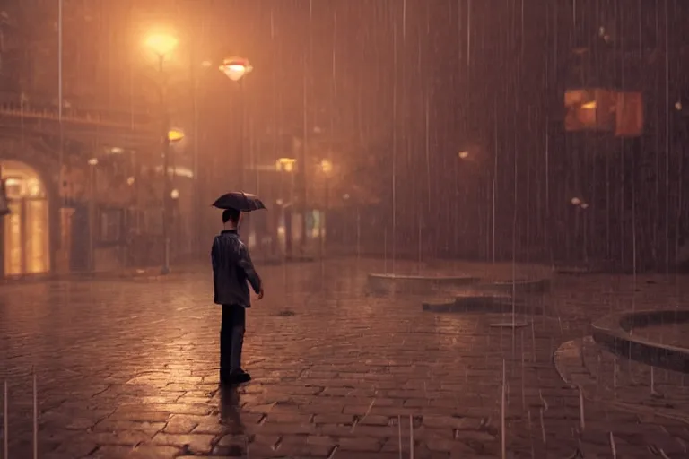 Image similar to boy lonely in rain , wide angle low cinematic lighting atmospheric realistic octane render highly detailed in he style of craig mullins, full hd render + 3d octane render + unreal engine 5 + Redshift Render + Cinema4D + C4D + Rendered in Houdini + Houdini-Render + Blender Render + Cycles Render + OptiX-Render + Povray + Vray + CryEngine + LuxCoreRender + MentalRay-Render + Raylectron + Infini-D-Render + Zbrush + DirectX + Terragen + Autodesk 3ds Max + After Effects + 4k UHD + immense detail + interdimensional lightning + studio quality + enhanced quality