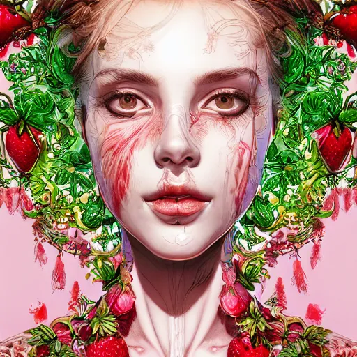 Image similar to the portrait of an absurdly beautiful, graceful, elegant, young woman made of strawberries and green petals, an ultrafine hyperdetailed illustration by kim jung gi, irakli nadar, intricate linework, bright colors, octopath traveler, final fantasy, angular, unreal engine 5 highly rendered, global illumination, radiant light, detailed and intricate environment