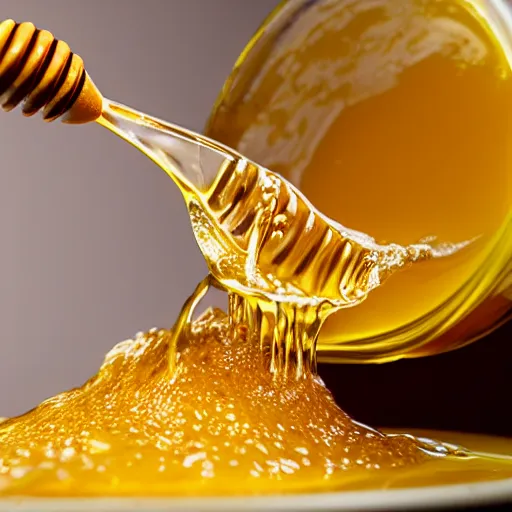 Prompt: honey splashing into honey, hyper realistic, award winning food photography