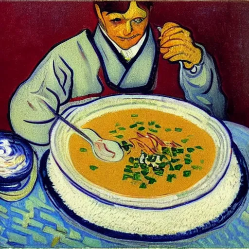 Prompt: a person eating borscht soup with sour cream, painted by van gogh