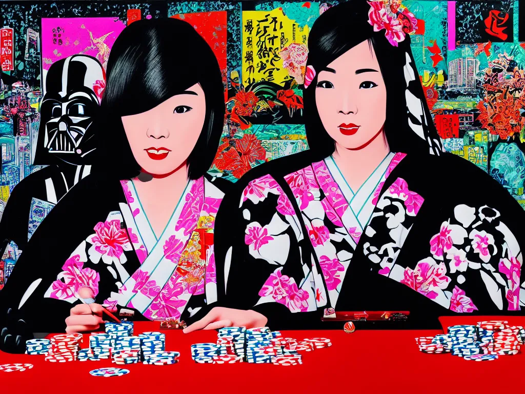 Image similar to hyperrealistim composition of the detailed single woman in a japanese kimono sitting at a extremely detailed poker table with darth vader, fireworks, river on the background, pop - art style, jacky tsai style, andy warhol style, acrylic on canvas