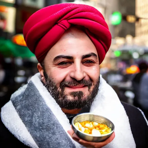 Image similar to Portrait of the Ottoman Sultan Mehmet IV eating shawarma in Downtown New York, wearing big ovular turban and a luxurious Ottoman coat, green eyes, detailed face, Ottoman Sultan, smile, cheerful, expressive, photorealistic, hyperrealism, micro details, HDR Shot, 16k