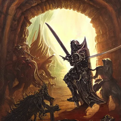 Image similar to arrogant knight casually pokes his sword into the abyssal portal, only to be met with unimaginable horrors from beyond, dark fantasy, oil painting, high detail