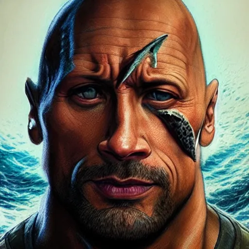 Image similar to dwayne johnson with a shark head | shark half man with a large scar across his eye | cinematic lighting | award - winning | closeup portrait | by donato giancola and mandy jurgens and charlie bowater | featured on artstation | pencil sketch