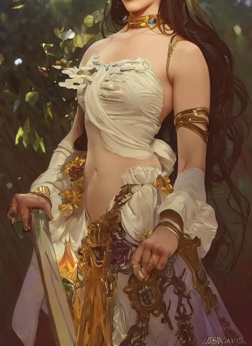 Image similar to hannah owo as queen, incredibly detailed face, pretty face, light dress, true anatomy, art by artgerm and greg rutkowski and alphonse mucha