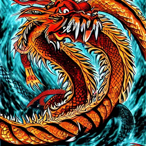 Prompt: anime manga full color dragon spiraling chinese dragon illustration