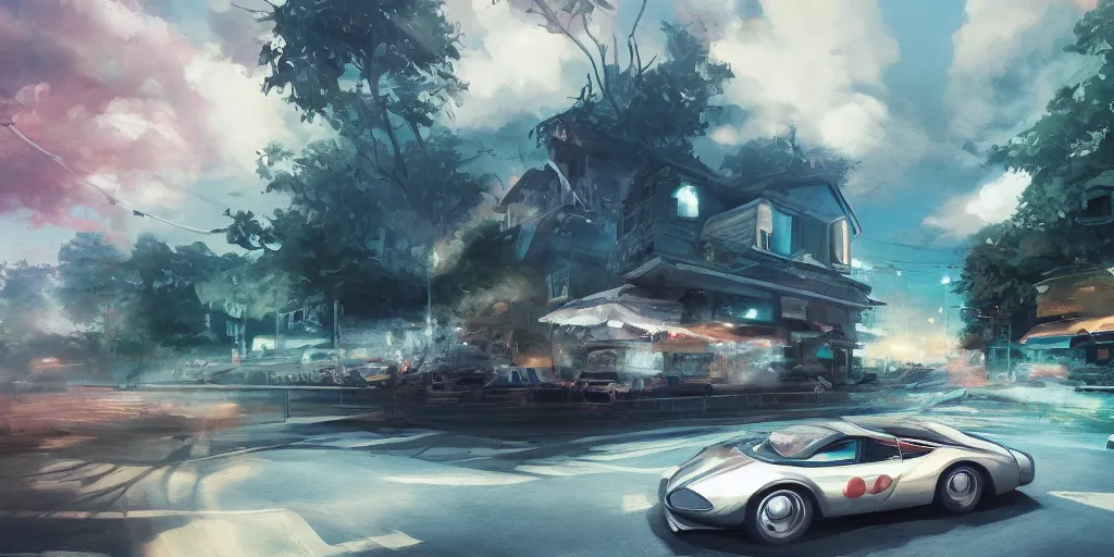 Prompt: a car, cinematic angle, studio Ghibli, volumetric lighting, bold, beautiful composition, intricate, elegant, digital art, detailed oil painting, hyperrealistic, sharp focus, 8k