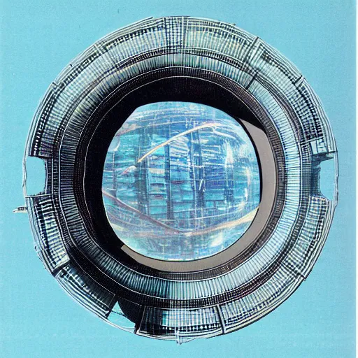 Prompt: a space station shaped like a torus, agriculture outpost, outside the orbit of earth, by tatsushi morimoto and jinsei choh, 1 9 8 0 s