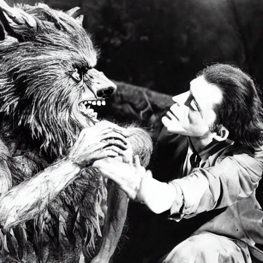 Image similar to film still of a werewolf extending his out hand in the wolf man 1 9 4 1