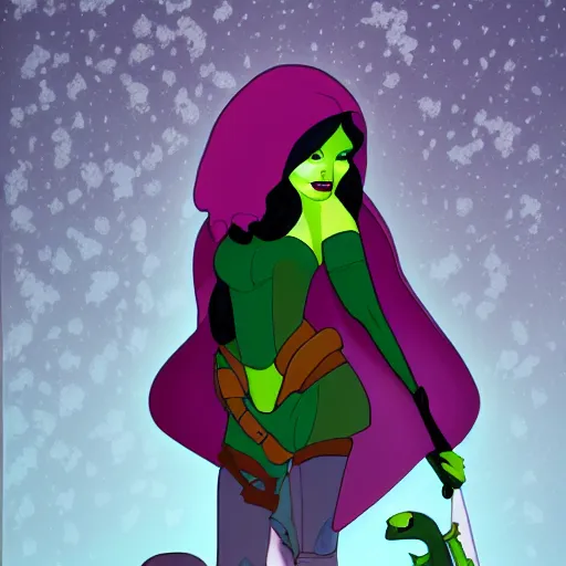 Prompt: Gamora dressed as Snow White, fairy tale, fog, illustration, 2d, high details, woods background