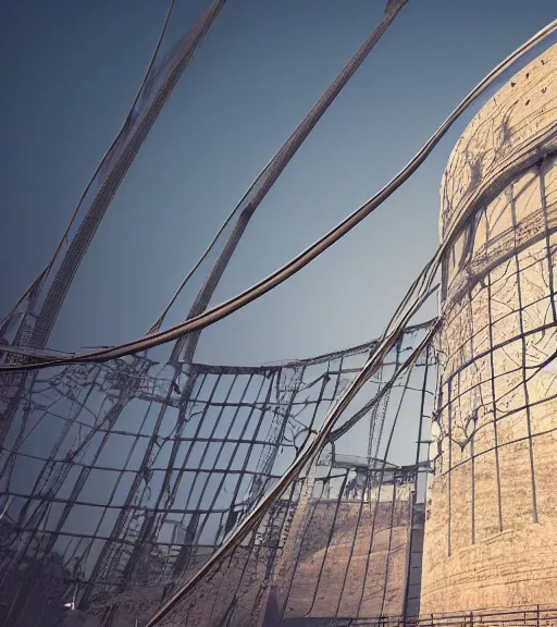 Image similar to hemp ropes in structure, former gasometer in rome, white sheets, trending on artstation, behance, octane render, award winning, archviz, matte painting, epic