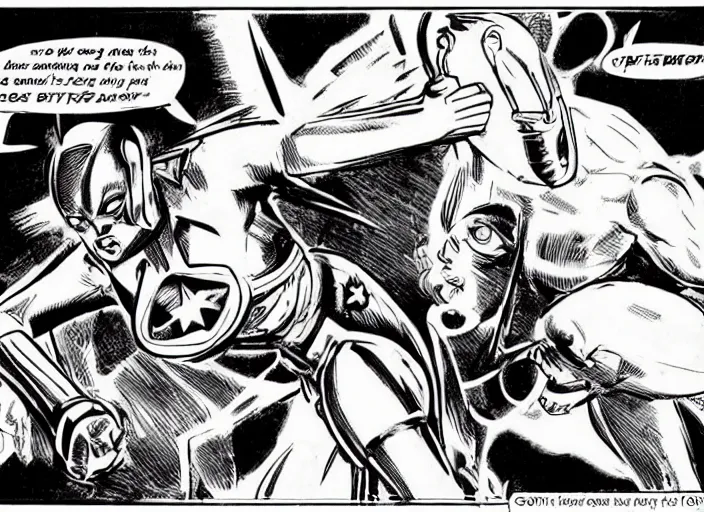 Image similar to comic panel of a dynamically posed beautiful!! riot grrl female superhero in short shorts, punching an alien robot, kapow!, by cory walker and ryan ottley and jack kirby and barry windsor - smith and norman rockwel and frank frazetta, concept art, smooth, sharp focus, comic, illustration, photo real