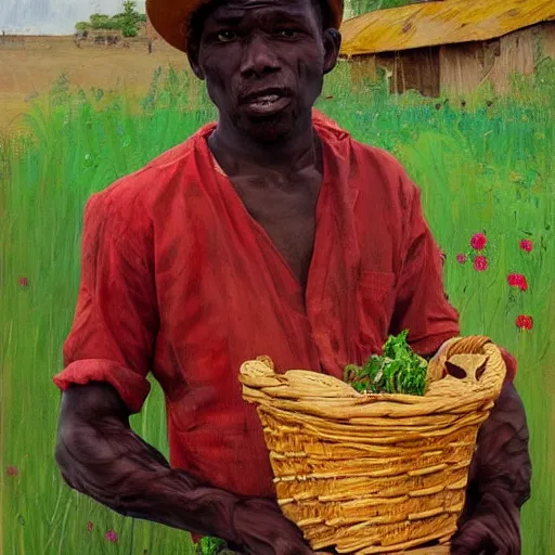 Image similar to a beautiful painting of an african instagram heart farmer. in his arm he has a basket full of hearts. in style of ilya repin, trending on artstation