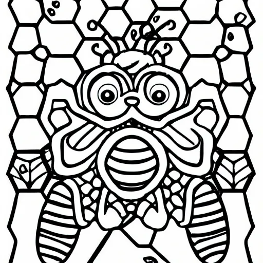 Prompt: Coloring page of two cute bees as grandmas knitting a honeycomb