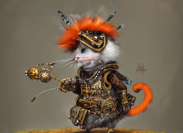 Prompt: ashigaru steampunk - inspired feathered mouse, colorful plumage, lacquered armor, cute but determined, hard focus, art station, by jessica rossier and brian froud, cinematic fantasy painting, orange grey white, in a woodland glade