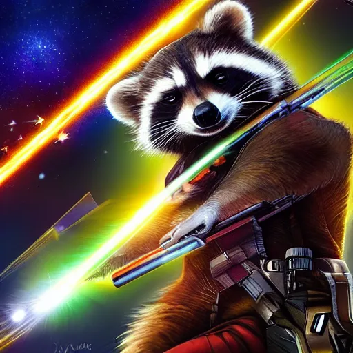 Image similar to racoon holding a laser gun, digital art, guardians of the galaxy style, centred award winning 4K