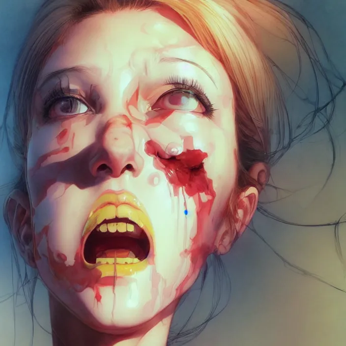 Prompt: nice quality and nice everything painting of a nice portrait of the popular girl at the psych ward laughing at the viewer, by Katsuhiro Otomo, Yoshitaka Amano, Nico Tanigawa, and Artgerm rendered with 3D effect.