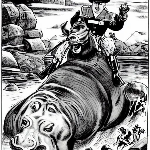 Prompt: comic book drawing of a canadian mountie riding a giant fat hippo by simon bisley and jack kirby